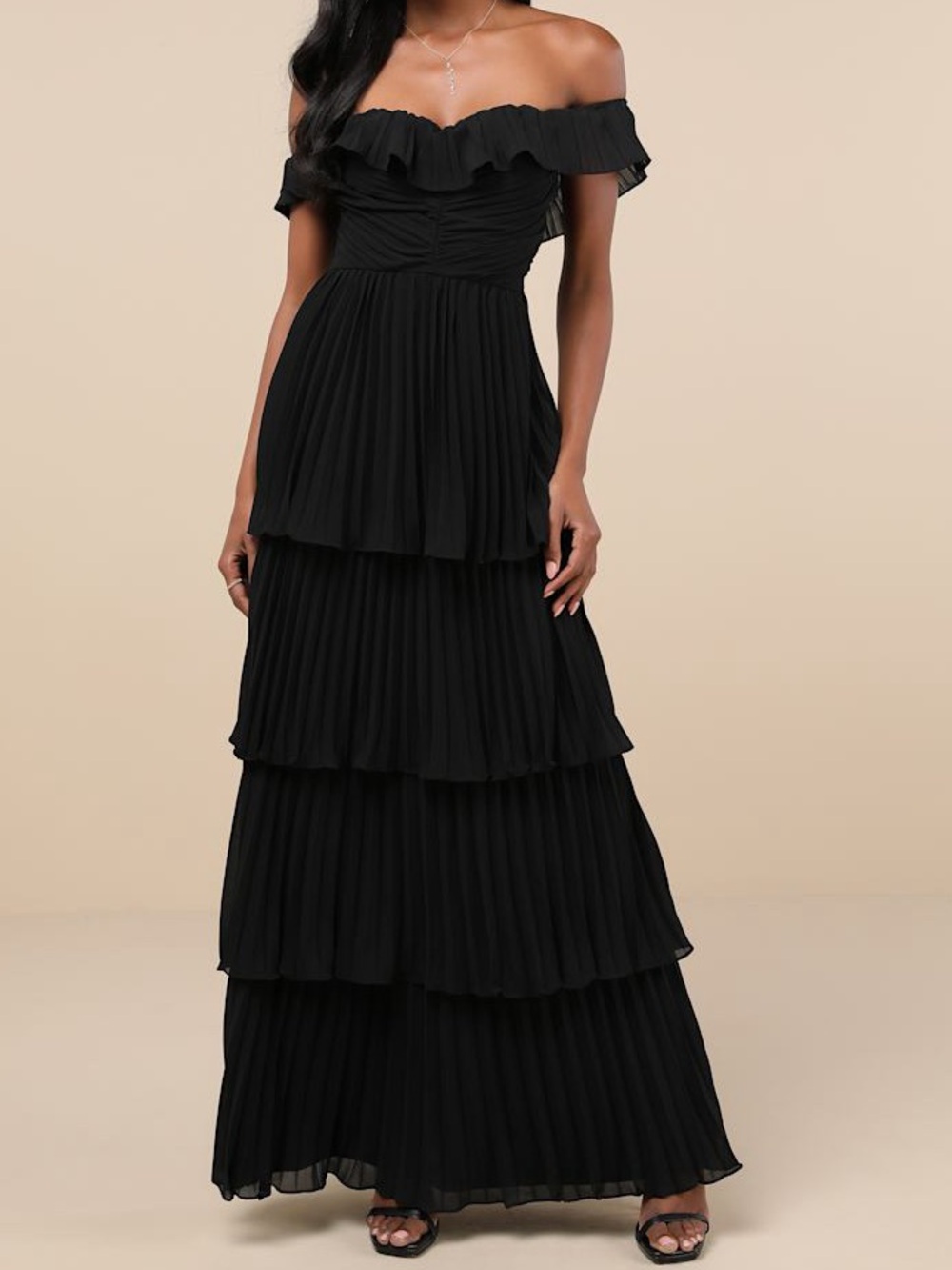 Lulu’s Off-Shoulder Black Tiered Maxi Dress